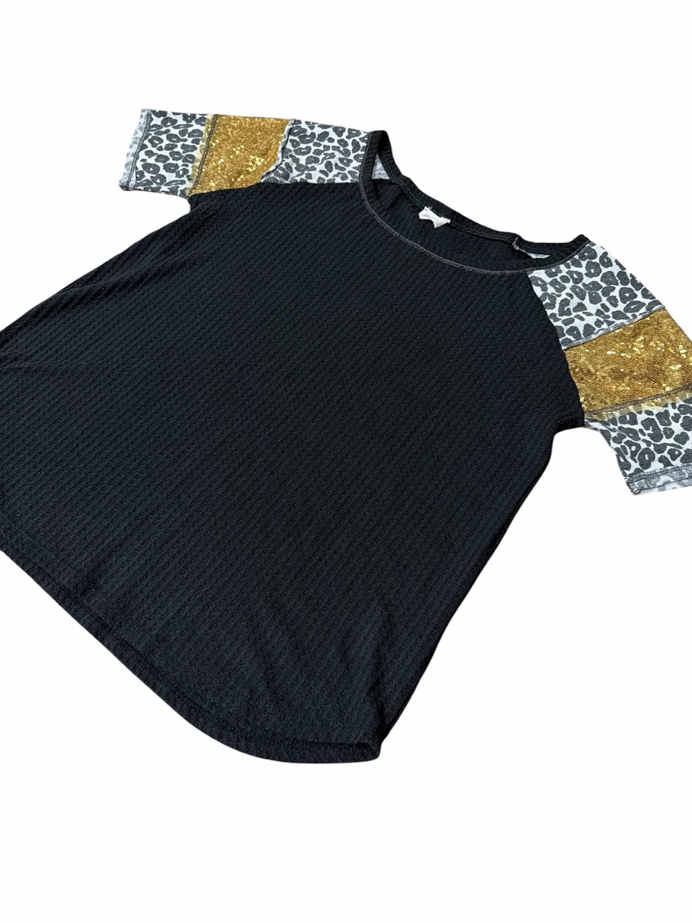 BIBI Black Top with Gold Sequin & Leopard Print Sleeves